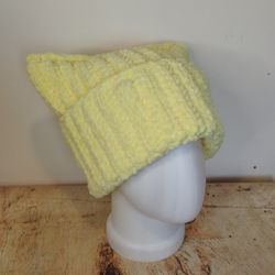 Cat ear beanie crochet Lemon color beanie with cat ears Chunky hat for women Fluffy beanie hat hand knit