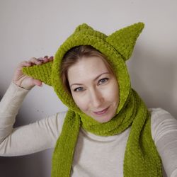 Green dragon hat scarf crochet. 48 colors! Fluffy Yoda hat scarf hand knit Pixie hat unisex