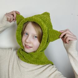 Monster hood fleece lined Green dragon hat scarf crochet. 48 colors! Fluffy hat scarf hand knit Pixie hat unisex