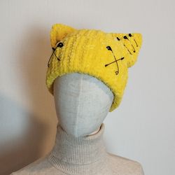 Rave cat ear beanie crochet Yellow beanie with cat ears Chunky hat for women Fluffy beanie hat hand knit Crazy cat