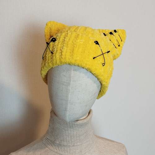 Rave cat ear beanie crochet Yellow beanie with cat ears Chunky hat for women Fluffy beanie hat hand knit Crazy cat