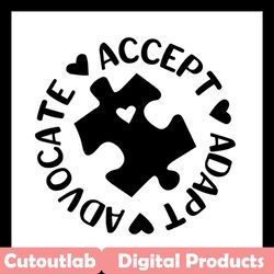 accept adapt advocate autism svg cut file, autism svg, april svg, awareness svg, puzzle piece svg, dxf, jpg, digital dow