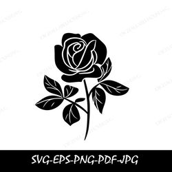 large black only simple, easy, beautiful full bloom rose on stem with decorative leaves - digital download ,single rose