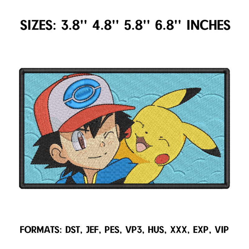 Ash and Pikachu Embroidery Design File, Pokemon Anime Embroidery Design, Nike and Mewtwo Anime Pes Design Brother.png