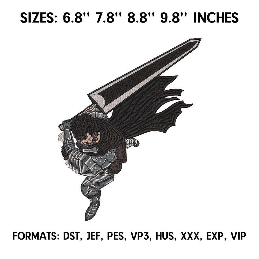 Guts Berserk Embroidery design file. Anime Berserk embroidery design. Machine embroidery file, Anime Pes Design Brother 3.png