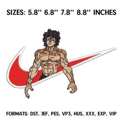 hanma baki embroidery design file, baki hanma anime embroidery design, machine design pes dst. nike baki the grappler 1