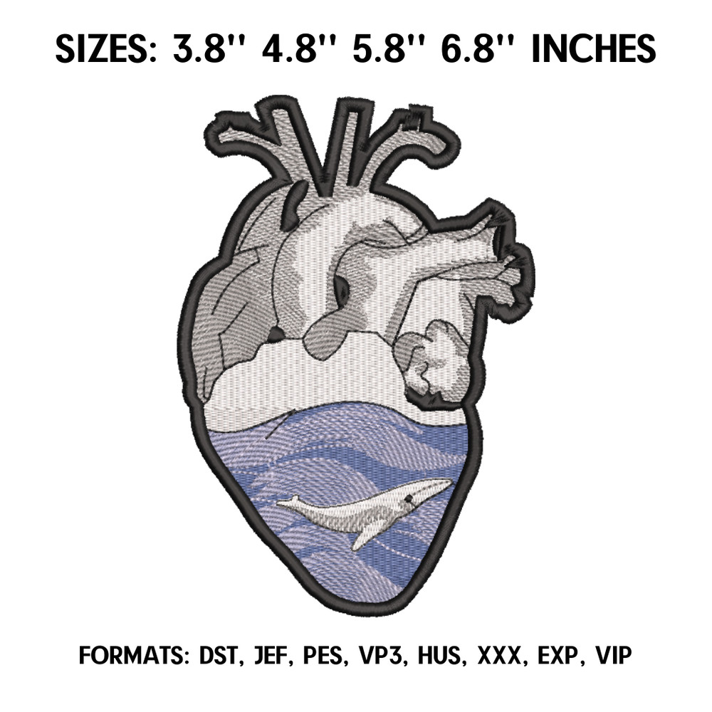 Heart With A Whale In Ocean Embroidery Design, Machine embroidery file. Ghibli embroidery design.png