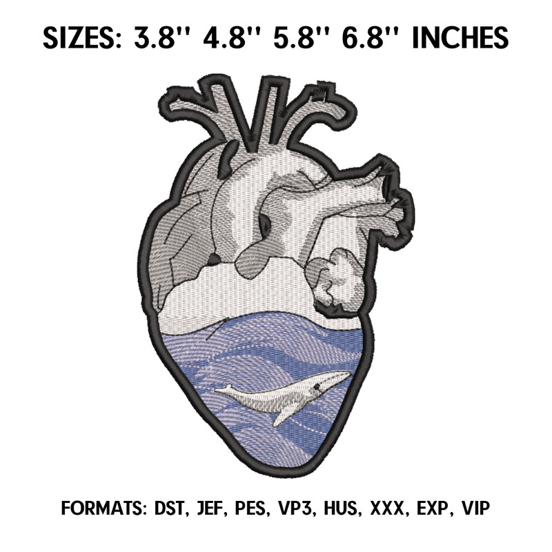 Heart With A Whale In Ocean Embroidery Design, Machine embroidery file. Ghibli embroidery design.png