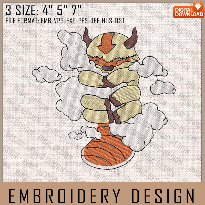 Appa Embroidery Files, Avatar, Anime Inspired Embroidery Design, Machine Embroidery Design.jpg