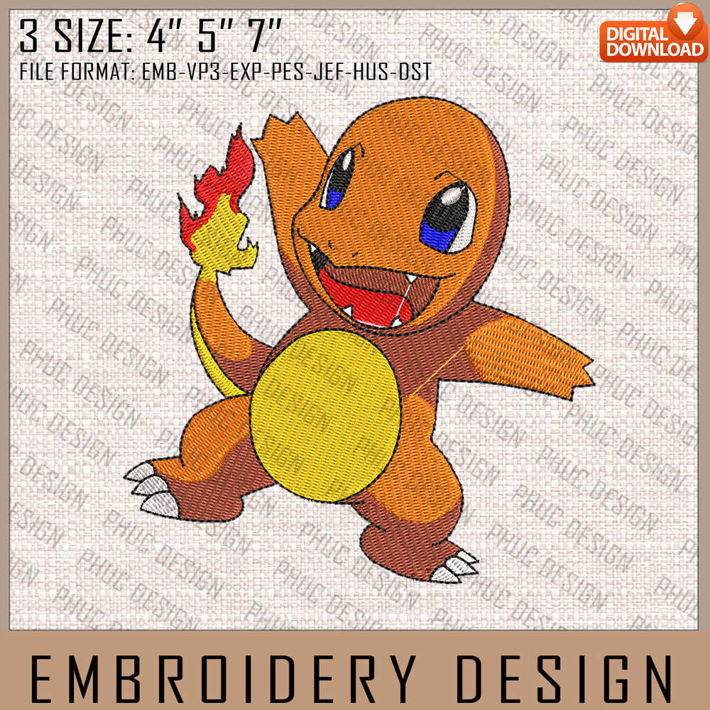 Charmander Embroidery Files, Pokemon, Anime Inspired Embroidery Design, Machine Embroidery Design.jpg