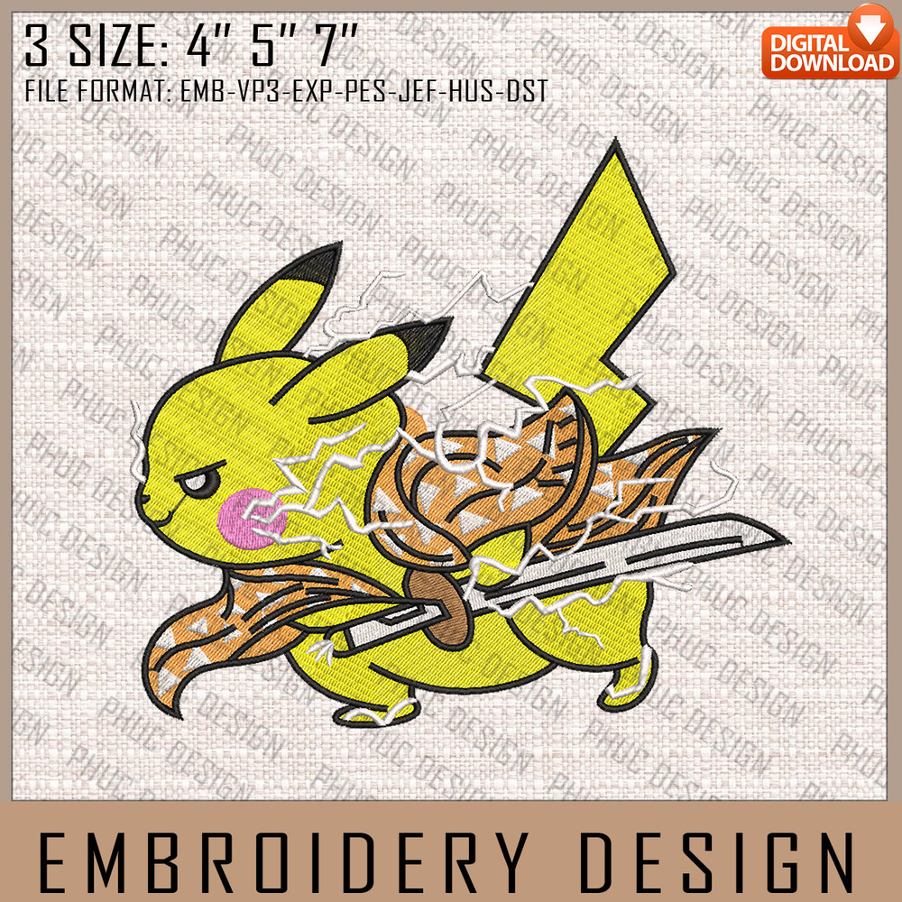 Pikachu Cosplay Zenitsu Embroidery Files, Demon Slayer x Pokemon, Anime Inspired Embroidery Design 1.jpg