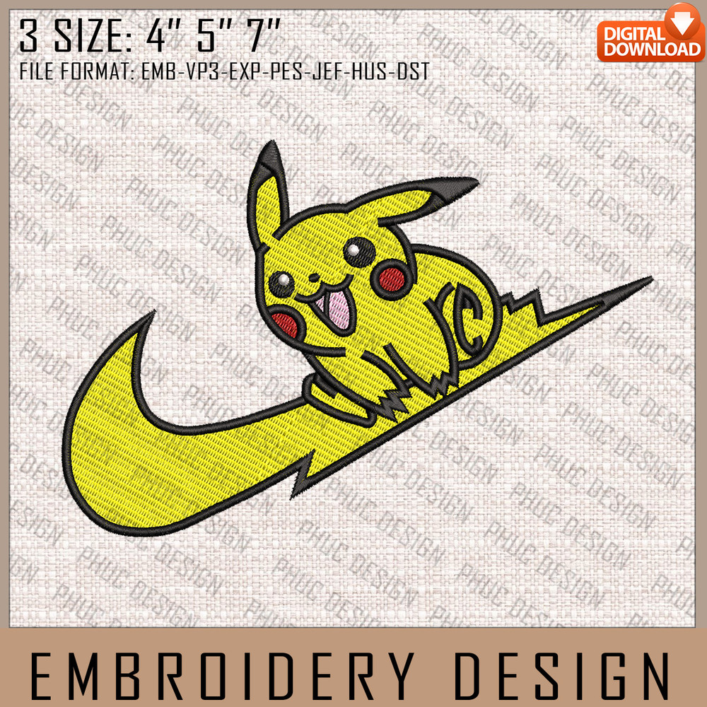 Pikachu Nike Embroidery Files, Nike Embroidery, Pokemon, Anime Inspired Embroidery Design, Machine Embroidery Design.jpg
