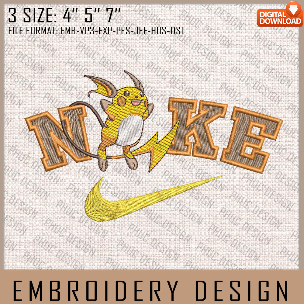 Raichu Nike Embroidery Files, Nike Embroidery, Pokemon, Anime Inspired Embroidery Design, Machine Embroidery Design.jpg