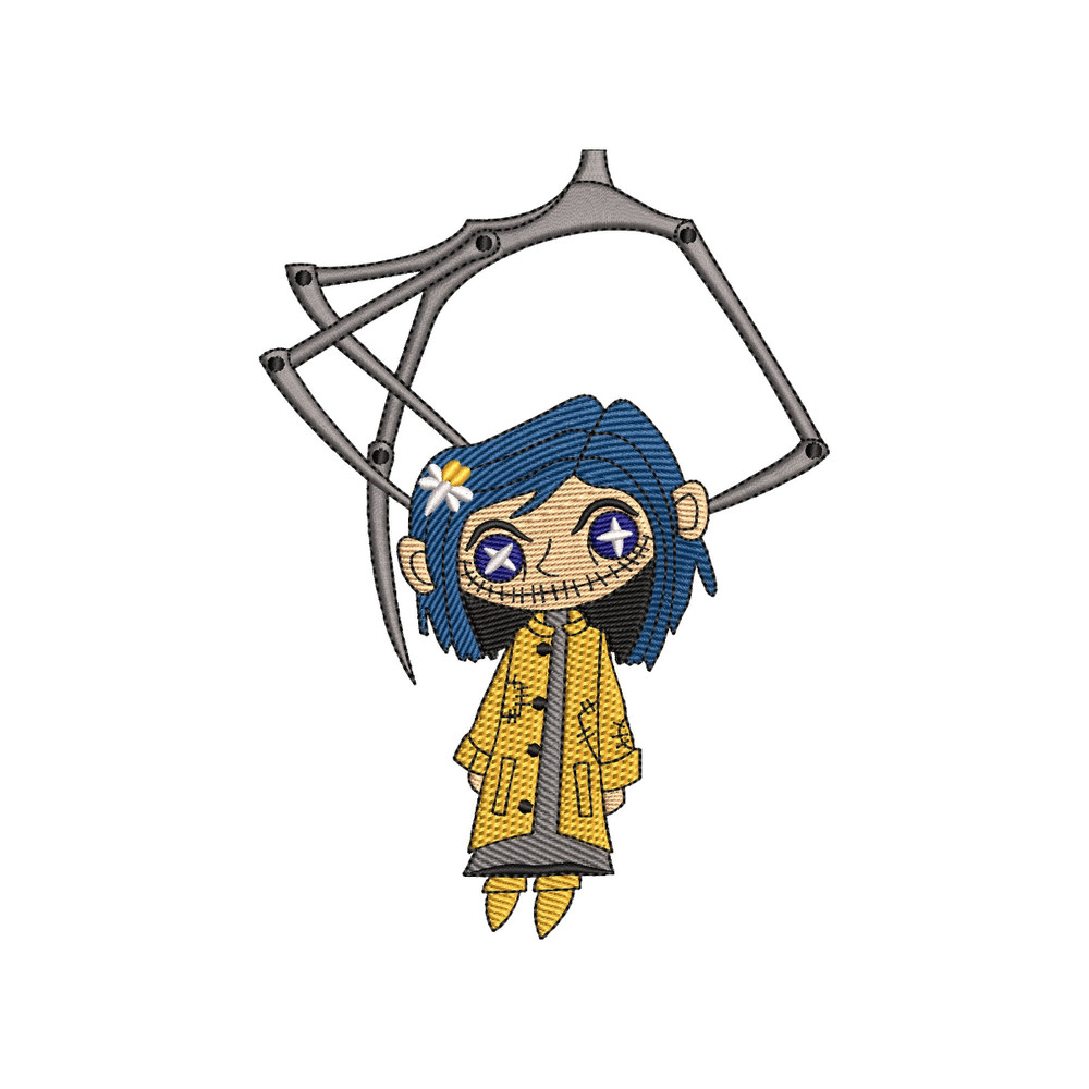 Halloween Embroidery Designs, Witch Girl Button Eyes Embroidery Design, Witch Girl with Black Horror Cat and Key Embroidery Files - 3 Sizes.jpg