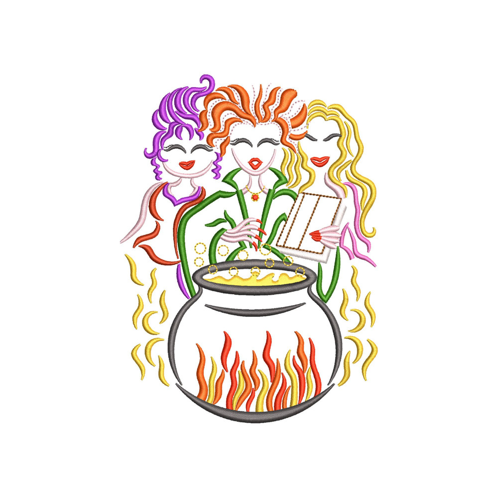 Witch Sisters with Cauldron Embroidery Design, Spooky Scream Sanderson Sisters Embroidery Design, Halloween Witches Pot Embroidery Design.jpg