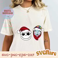 jack sally christmas svg png, layered jack sally santa hat svg, jack svg, sally svg, the nightmare before christmas svg