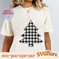 holiday clipart: simple christmas tree / evergreen / pine tree in white and black houndstooth check pattern digital dow