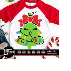 christmas tree with lights svg, christmas cut file, girl svg dxf eps png, kids shirt design, holiday clipart, sublimatio