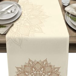 Mandala Flowers Linen Table Runner - Farmhouse Kitchen Decor