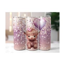 highland cow tumbler wrap, valentine 20oz skinny tumbler sublimation design, floral tumbler wrap, instant png digital download