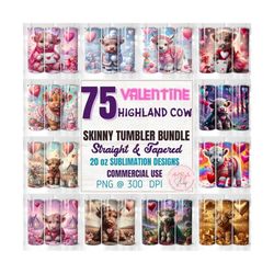 75 valentine baby highland cow bundle 20oz skinny tumbler wrap sublimation design love highland cow digital download straight & tapered png