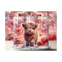 valentines day highland cow 20oz tumbler wrap png design, cute highland cow skinny tumbler wrap, valentines baby highland cow tumbler wrap