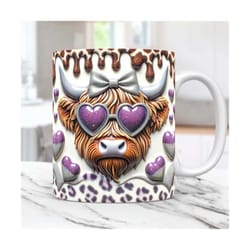 3d valentine highland cow mug wrap valentines day 11oz & 15oz mug png sublimation design valentines day highland cow mug coffee cup template