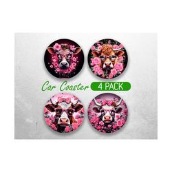 valentine highland cow car coaster png  cute cow car coaster sublimation designs fun floral car coaster designs car coasters bundle