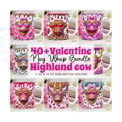 3d valentine highland cow mug wrap bundle, sublimation designs png valentines day 11oz 15oz coffee cup template, 3d highland cow mug design