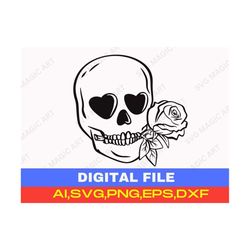 skull with rose svg,skull svg, goth skull svg,skeleton head,valentine skull and rose,skull with flower  svg,cricut and silhouette print