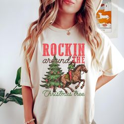 cowgirl rockin around the christmas tree png sublimation design, cowgril png, cowgril christmas png, christmas tree png,