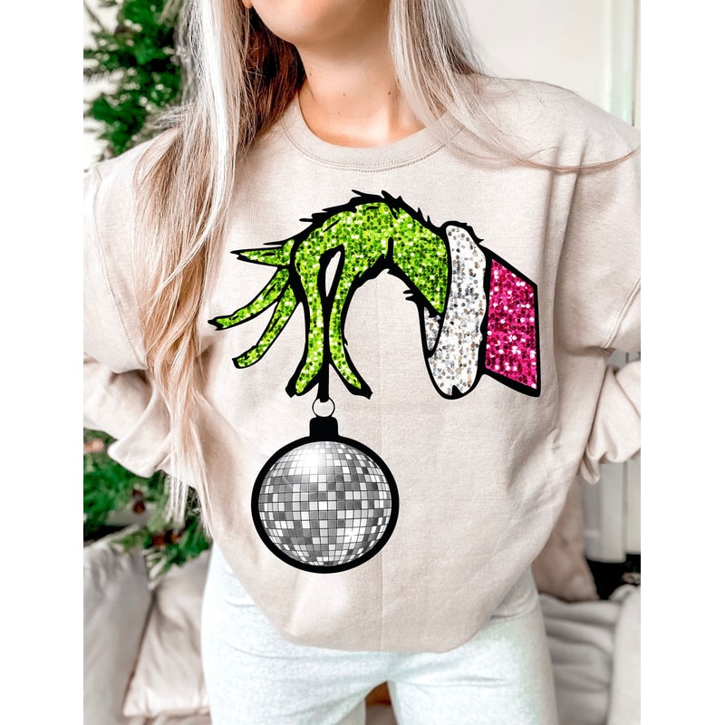Faux Sequin Grnich hand PNG, Merry Grnicmas Png,holding Disco Ball PNG - Disco, Grinc png, Trendy Christmas svg png, Christmas sublimation, 3.jpg
