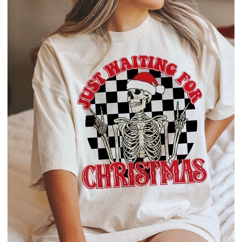 Just Waiting For Christmas-Skeleton Sublimation Digital Design Download-santa hat png, skull png, winter png, boho christmas png, retro png.jpg