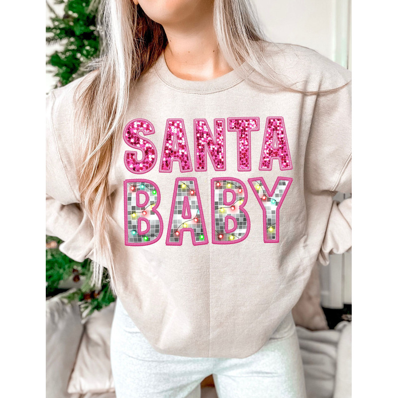 Santa baby preppy disco Christmas lights digital Faux Glitter Sequins Embroidery Letters PNG Christmas Lights, Trendy pink Christmas.jpg
