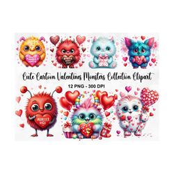 watercolor cute cartoon valentines monsters clipart, 12 png valentines day clipart, monsters in love clipart, kids valen