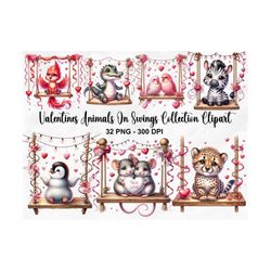 valentines animals on swings collection clipart, 32 png valentines day clipart, romantic animal png, valentines day bund