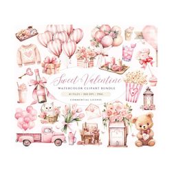 sweet valentine clipart bundle, watercolor valentines day clipart, valentines png, pink roses clipart, blush valentine,