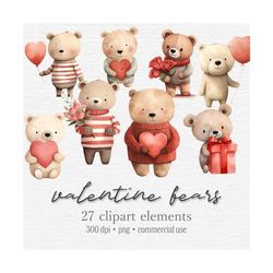 valentine bears clipart bundle, cute teddy bear, valentines day png graphics, love heart, balloons, red roses, digital d