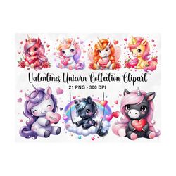 watercolor valentines unicorn collection clipart, 21 png valentines day clipart, cute unicorn clipart, unicorn valentine