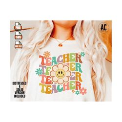 teacher png, retro teacher svg, retro school png, happy groovy teacher svg, floral sublimation design, cut file, vintage smile face teacher