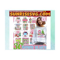 30 pink bluey dog christmas holiday png bundle, blue dog & family png, christmas cartoon png, 2023 png, pink christmas,