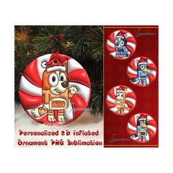 personalized 3d inflated christmas round ornament png bundle, puffy candy cane png sublimation, custom christmas blue do