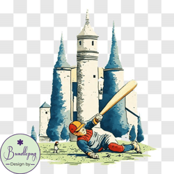 Baseball Player Illustration with Castle in Background PNG Design 37