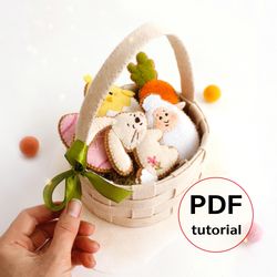 Felt basket with Easter cookies hand sewing PDF tutorial with patterns, DIY Easter ornaments, Felt Easter bag