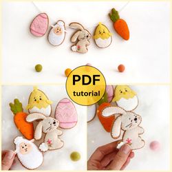 Felt Easter cookies garland hand sewing PDF tutorial with patterns, DIY Easter ornaments, Felt Easter crafts