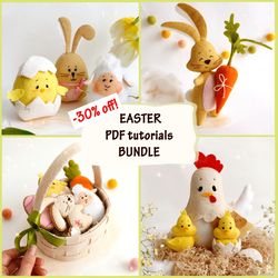 Felt Easter toys bundle hand sewing PDF tutorial with patterns, DIY Easter set ornaments, Felt Easter crafts