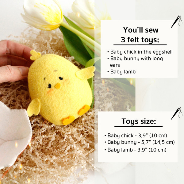Information about felt Easter cubs bunny, chick in the eggshell and sheep PDF tutorial with patterns