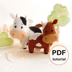 Felt cow hand sewing PDF tutorial with patterns. Role playing animal pattern. Felt farmhouse toys