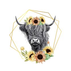 highland cow with sunflowers flora png