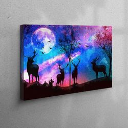 3d wall art, canvas art, canvas gift, deer printed, animal art, four deer canvas, night art canvas, modern artwork,